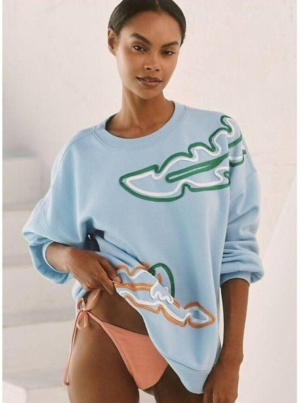 ANTHROPOLOGIE CELANDINE Embellished Crew Neck Sweatshirt Blue Size XS NWT